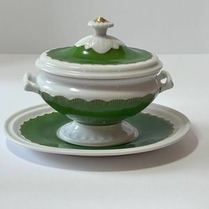 Beautiful Vintage Green/Gold accents Bowl With Lid and Saucer Made In Portugal